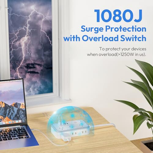 15 Feet Uzunluğunda Uzatma Kablosu, 6 Geniş Prizli ve 4 USB Portlu Akım Koruyucu Priz, Düz Fiş, Duvara Monte Priz Uzatıcısı, 1080 Joule, İç Mekan Ev Ofisi, Yurt Odası Gereçleri İçin Çoklu Prizler - 3