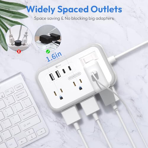 15 Feet Uzunluğunda Uzatma Kablosu, 6 Geniş Prizli ve 4 USB Portlu Akım Koruyucu Priz, Düz Fiş, Duvara Monte Priz Uzatıcısı, 1080 Joule, İç Mekan Ev Ofisi, Yurt Odası Gereçleri İçin Çoklu Prizler - 4