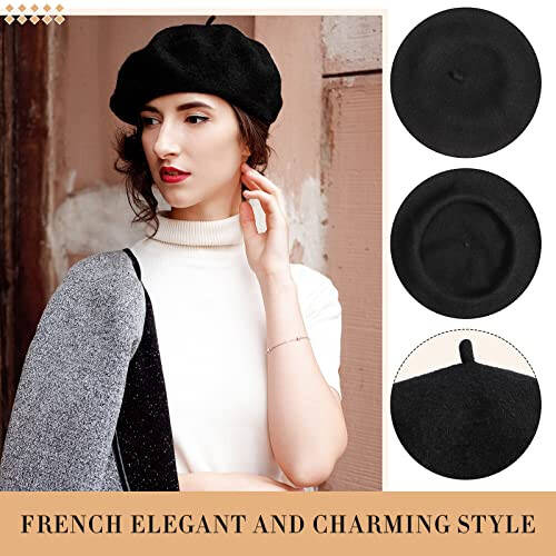 15 Pieces Women Wool Beret Hat Wool French Beret Hat Artist Beret Cap Winter Solid Color Hat for Women Girls (Black) - 2