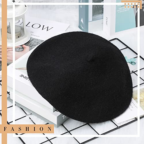 15 Pieces Women Wool Beret Hat Wool French Beret Hat Artist Beret Cap Winter Solid Color Hat for Women Girls (Black) - 6