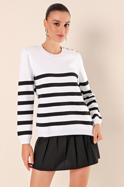 15820 Button Detail Striped Sweater - C. Black - 1