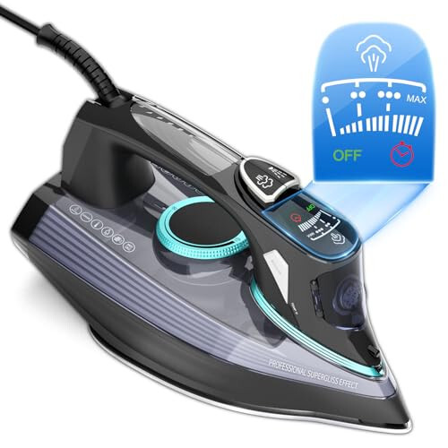 1700 Watts Steam Iron with Digital LED Display, Ceramic-Coated Soleplate, 3-Way Auto-Off, 4 Pre-Set Steam & Temp Settings for Different Fabrics, 300ml Water Tank Included for Clothes Ironing Use - 1