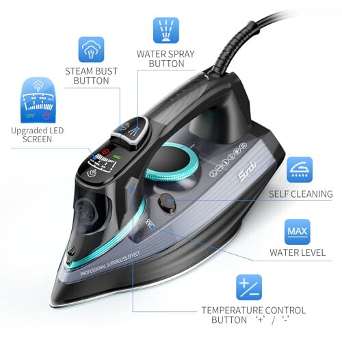 1700 Watts Steam Iron with Digital LED Display, Ceramic-Coated Soleplate, 3-Way Auto-Off, 4 Pre-Set Steam & Temp Settings for Different Fabrics, 300ml Water Tank Included for Clothes Ironing Use - 2