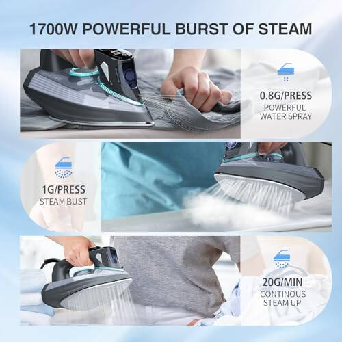 1700 Watts Steam Iron with Digital LED Display, Ceramic-Coated Soleplate, 3-Way Auto-Off, 4 Pre-Set Steam & Temp Settings for Different Fabrics, 300ml Water Tank Included for Clothes Ironing Use - 5