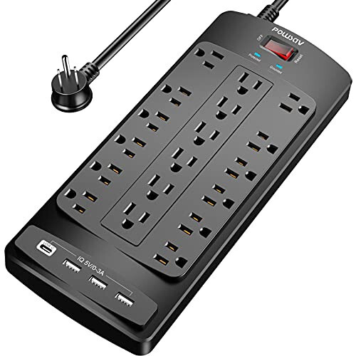 18 Çıkışlı Akım Koruyucu Priz - 6 Fit Düz Fişli Ağır Hizmet Tipi Uzatma Kablosu, 18 Geniş Çıkış ve 4 USB Bağlantı Noktası, 2100 Joule, Siyah, ETL Onaylı - 1