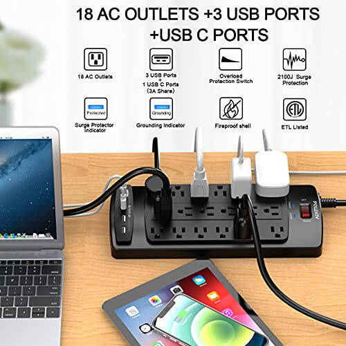 18 Çıkışlı Akım Koruyucu Priz - 6 Fit Düz Fişli Ağır Hizmet Tipi Uzatma Kablosu, 18 Geniş Çıkış ve 4 USB Bağlantı Noktası, 2100 Joule, Siyah, ETL Onaylı - 2