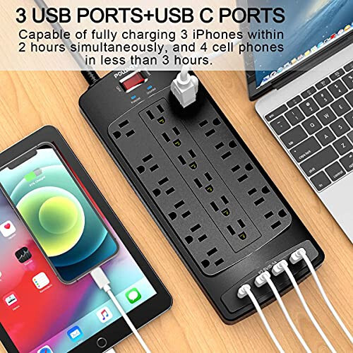 18 Outlets Surge Protector Power Strip - 6 Feet Flat Plug Heavy Duty Extension Cord with 18 Widely Outlets and 4 USB Ports, 2100 Joules, Black, ETL Listed - 3