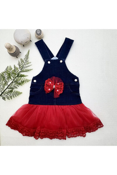 2-3-4 Years Old Bowknot Button Detailed Tulle Skirt Denim Salopette Girl's Dress Navy-Red - 1