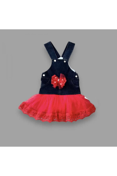 2-3-4 Years Old Bowknot Button Detailed Tulle Skirt Denim Salopette Girl's Dress Navy-Red - 2