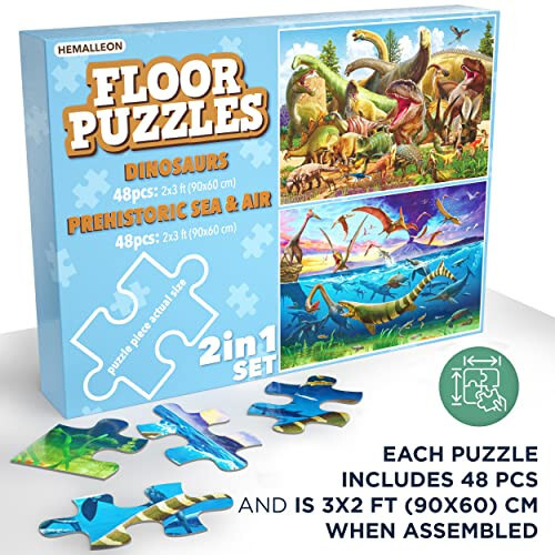 2-in-1 Set Large Dinosaur Floor Puzzles 48 pcs (3x2 ft) - Giant Dinosaur Puzzles for Kids Ages 3-5 2-4 4-8 - Educational Jigsaw Toddlers Kids Puzzles - Big Jumbo Dino Puzzle Pack - Gift Box - 2