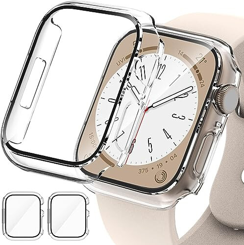 2 Pack Case for Apple Watch 44mm SE Series 6/5/4/SE 2nd Gen with Tempered Glass Screen Protector, EWUONU Full Protective Cover Hard PC Bumper Face Cover for iWatch 44mm, Clear - 1