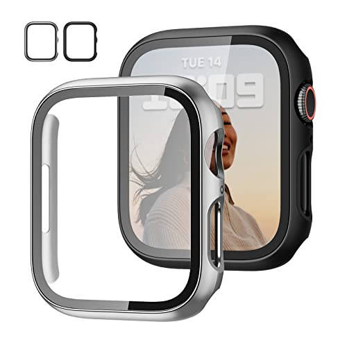 2 Pack Case with Tempered Glass Screen Protector for Apple Watch SE(2023) Series 6/5/4/SE 40mm, JZK Slim Bumper Full Coverage Hard PC Protective Case HD Ultra-Thin Cover for iWatch 40mm, Black+Silver - 1