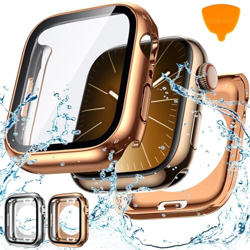 2-Pack Goton Waterproof Apple Watch Case for Series 9 8 7 Screen Protector 41mm, 360 Protective Glass Face Cover + Back Bumper for iWatch Accessories 41 mm Silver/Rose Gold - 1