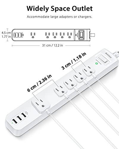 2 Pack Power Strip Surge Protector - 5 Widely Spaced Outlets 3 USB Charging Ports, 1875W/15A with 5Ft Braided Extension Cord, Flat Plug, Overload Surge Protection, Wall Mount for Home Office,White - 3