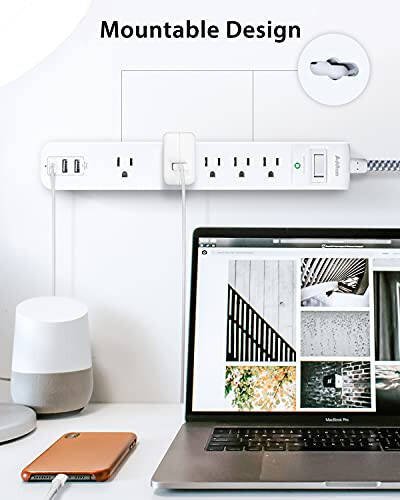 2 Pack Power Strip Surge Protector - 5 Widely Spaced Outlets 3 USB Charging Ports, 1875W/15A with 5Ft Braided Extension Cord, Flat Plug, Overload Surge Protection, Wall Mount for Home Office,White - 6