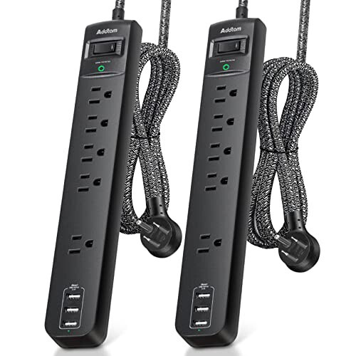 2 Pack Power Strip Surge Protector - 5 Widely Spaced Outlets 3 USB Charging Ports, 1875W/15A with 6Ft Braided Extension Cord, Flat Plug, Overload Surge Protection, Wall Mount for Home Office - 1