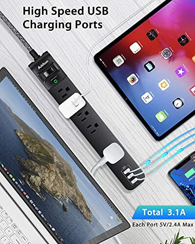 2 Pack Power Strip Surge Protector - 5 Widely Spaced Outlets 3 USB Charging Ports, 1875W/15A with 6Ft Braided Extension Cord, Flat Plug, Overload Surge Protection, Wall Mount for Home Office - 4