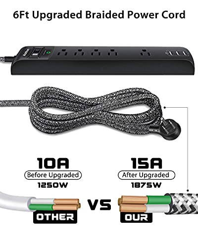 2 Pack Power Strip Surge Protector - 5 Widely Spaced Outlets 3 USB Charging Ports, 1875W/15A with 6Ft Braided Extension Cord, Flat Plug, Overload Surge Protection, Wall Mount for Home Office - 7