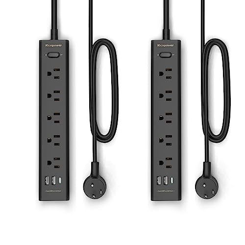 2 Pack Power Strip Surge Protector-5 Widely Spaced Outlets 3 USB Ports(1 USB C Port),1250W/10A with 5Ft Extension Cord, Power Strips with Surge Protection, Wall Mount for Home Office,Black - 1