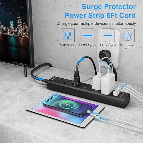 2 Pack Power Strip Surge Protector-5 Widely Spaced Outlets 3 USB Ports(1 USB C Port),1250W/10A with 5Ft Extension Cord, Power Strips with Surge Protection, Wall Mount for Home Office,Black - 2