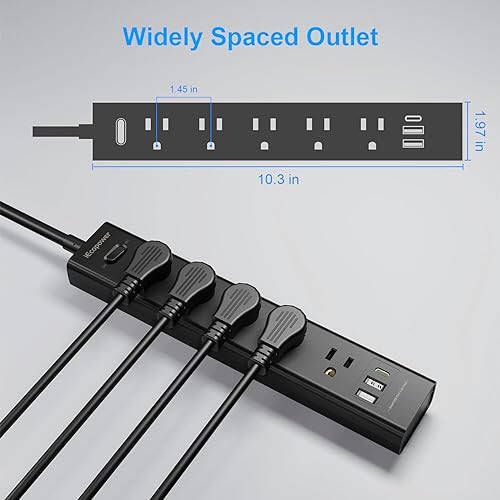 2 Pack Power Strip Surge Protector-5 Widely Spaced Outlets 3 USB Ports(1 USB C Port),1250W/10A with 5Ft Extension Cord, Power Strips with Surge Protection, Wall Mount for Home Office,Black - 4