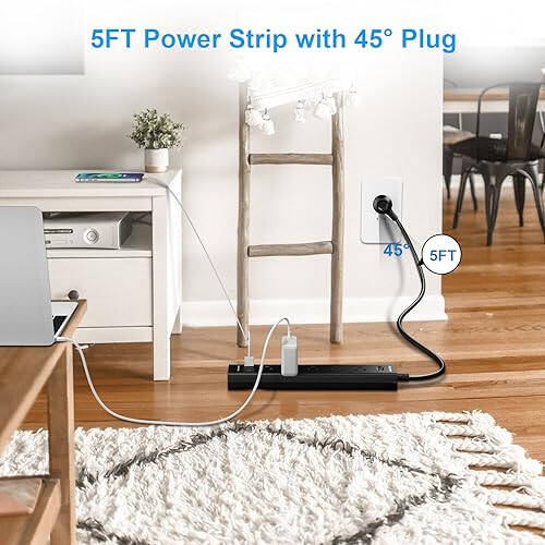 2 Pack Power Strip Surge Protector-5 Widely Spaced Outlets 3 USB Ports(1 USB C Port),1250W/10A with 5Ft Extension Cord, Power Strips with Surge Protection, Wall Mount for Home Office,Black - 6