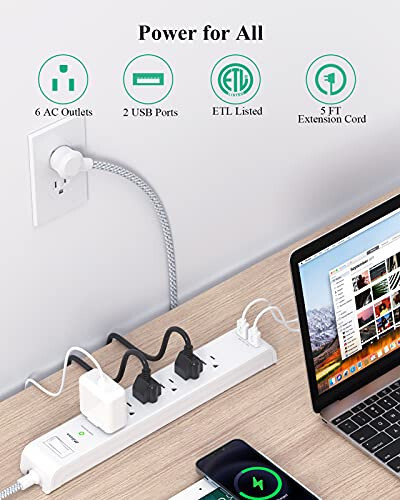 2 Pack Power Strip Surge Protector - 6 Outlets 2 USB Ports 5Ft Long Extension Cords, Flat Plug Overload Protection Outlet Strip, 900 Joules, Wall Mount for Home, Office and Dorm Essential, ETL Listed - 2