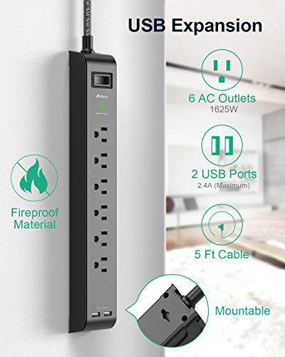 2 Pack Surge Protector Power Strip with 6 Outlets 2 USB Ports 5-Foot Long Heavy-Duty Braided Extension Cords Flat Plug 900 Joules 15A Circuit Breaker Wall Mount for Home Office ETL Listed - 2