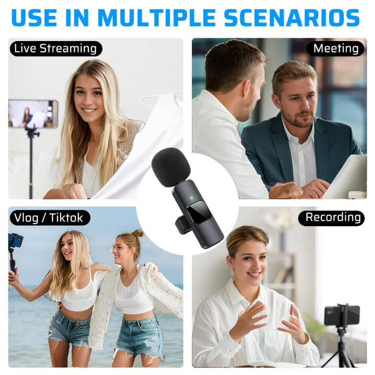 2 Pack Wireless Microphones for iPhone iPad, Camera, Android, 3 in 1 Mini Microphone, Portable Recording Mic for Interview Video Podcast Vlog YouTube - 7