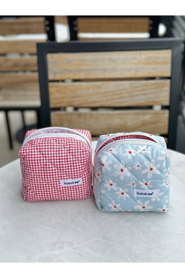 2-Piece Light Blue and Red Square Pattern Makeup Bag - Small Size - 2