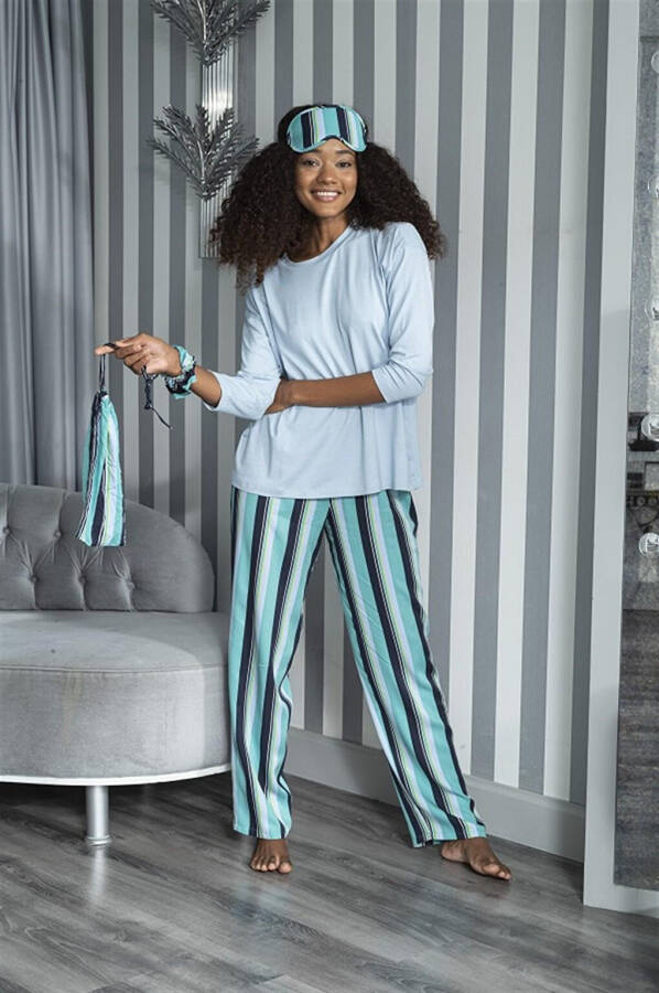 2-Piece Striped Viscose Blue Long Sleeve Pajama Set - 6