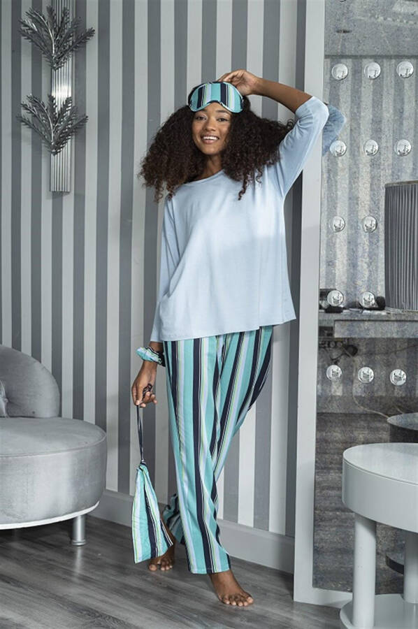 2-Piece Striped Viscose Blue Long Sleeve Pajama Set - 7