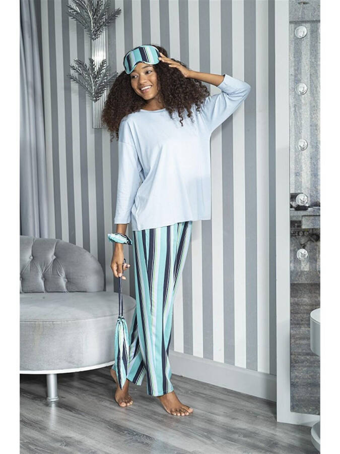 2-Piece Striped Viscose Blue Long Sleeve Pajama Set - 1