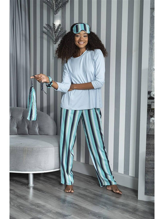 2-Piece Striped Viscose Blue Long Sleeve Pajama Set - 2