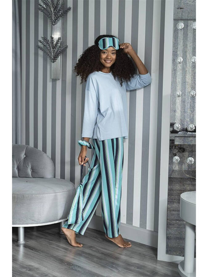 2-Piece Striped Viscose Blue Long Sleeve Pajama Set - 4