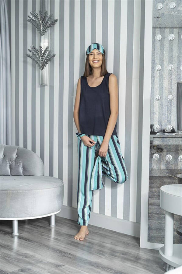 2-Piece Striped Viscose Navy Blue Athletic Pajama Set - 3