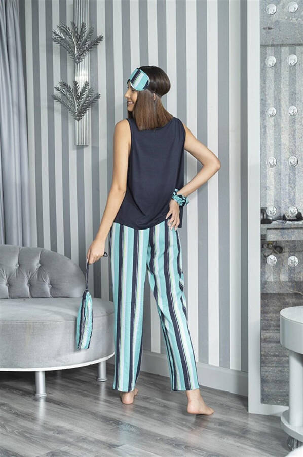 2-Piece Striped Viscose Navy Blue Athletic Pajama Set - 4