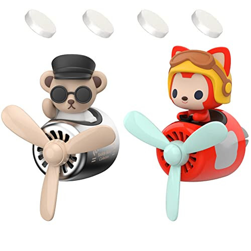 2 Pieces Car Air Fresheners, Cute Bear Pilot Car Diffuser, Propeller Air Outlet Vent Fresheners, Car Perfume Suitable for Car Interior Decoration (Bear + Fox) - 1