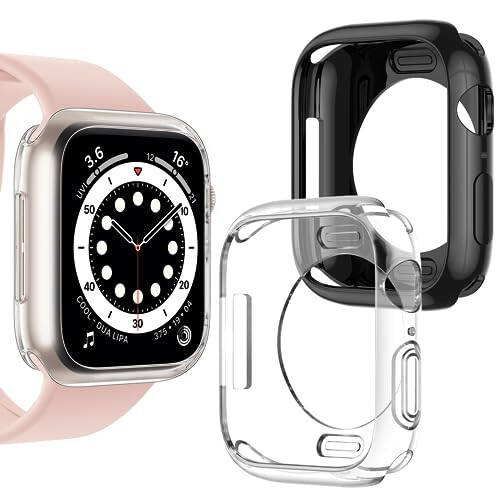 [2 ta to'plam] Apple Watch Series SE2 SE 6 5 4 44mm uchun Goton bamper korpusi, Ultra yupqa yumshoq TPU zarba qarshi korpus qopqog'i bamper himoyachi iWatch aksessuarlari uchun (ekran himoyachi yo'q) 44mm Shaffof + Qora - 1