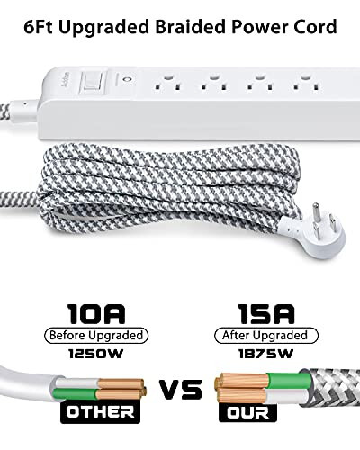 2 ta to'plam elektr uzatgich - 5 ta keng joylashtirilgan rozetka 3 ta USB zaryadlash porti, 1875W/15A 5 futlik to'qilgan uzatma simi, tekis vilka, ortiqcha yukdan himoya, uy ofisi uchun devorga o'rnatish, oq - 7