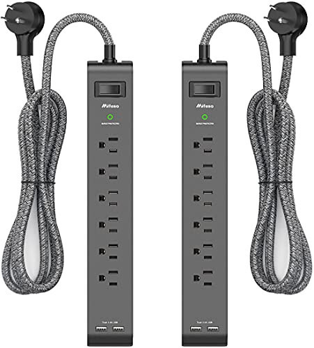 2 ta To'plam Surge Protector Quvvat Chiziği, 6 Ta Chiqish, 2 Ta USB Port, 5 Fut Uzunlikdagi Og'ir Vazifali To'qilgan Uzaytirgich Simlari, Tekis Shtekker, 900 Joule, 15A Avtomatik Qalqon, Devorga O'rnatish, Uy va Ofis Uchun, ETL Ro'yxatga Olingan - 1