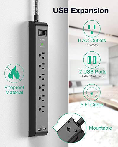 2 ta To'plam Surge Protector Quvvat Chiziği, 6 Ta Chiqish, 2 Ta USB Port, 5 Fut Uzunlikdagi Og'ir Vazifali To'qilgan Uzaytirgich Simlari, Tekis Shtekker, 900 Joule, 15A Avtomatik Qalqon, Devorga O'rnatish, Uy va Ofis Uchun, ETL Ro'yxatga Olingan - 2