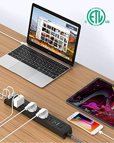 2 ta To'plam Surge Protector Quvvat Chiziği, 6 Ta Chiqish, 2 Ta USB Port, 5 Fut Uzunlikdagi Og'ir Vazifali To'qilgan Uzaytirgich Simlari, Tekis Shtekker, 900 Joule, 15A Avtomatik Qalqon, Devorga O'rnatish, Uy va Ofis Uchun, ETL Ro'yxatga Olingan - 3