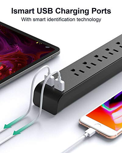 2 ta To'plam Surge Protector Quvvat Chiziği, 6 Ta Chiqish, 2 Ta USB Port, 5 Fut Uzunlikdagi Og'ir Vazifali To'qilgan Uzaytirgich Simlari, Tekis Shtekker, 900 Joule, 15A Avtomatik Qalqon, Devorga O'rnatish, Uy va Ofis Uchun, ETL Ro'yxatga Olingan - 6