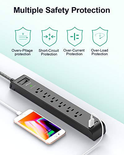 2 ta To'plam Surge Protector Quvvat Chiziği, 6 Ta Chiqish, 2 Ta USB Port, 5 Fut Uzunlikdagi Og'ir Vazifali To'qilgan Uzaytirgich Simlari, Tekis Shtekker, 900 Joule, 15A Avtomatik Qalqon, Devorga O'rnatish, Uy va Ofis Uchun, ETL Ro'yxatga Olingan - 7