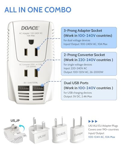 2000W Seyahat Voltaj Dönüştürücüsü, Saç Kurutma Makinesi, Düzleştirici, Bukle Makinesi İçin 220V'den 110V'e Dönüştürücü, 10A Güç Adaptörü, 2 USB ve AB/İngiltere/Avustralya/ABD Fişleri ile Laptop, Tablet, Kamera, Cep Telefonu Şarjı İçin - 2