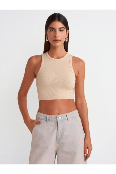 20820 Dikiş Efektli Crop Top - Açık Bej - 5