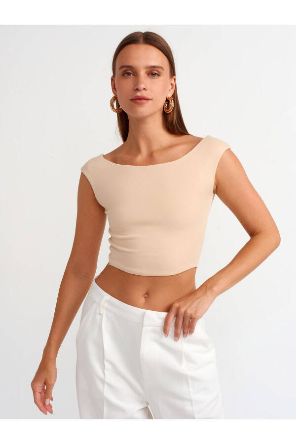 20869 Boat Neck Crop Top - Light Beige - 17