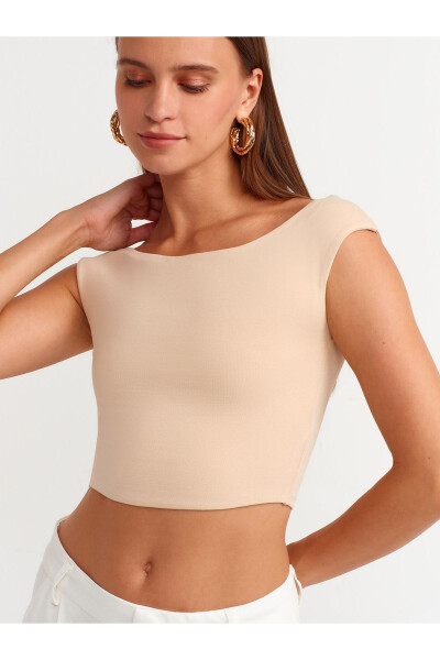 20869 Boat Neck Crop Top - Light Beige - 20