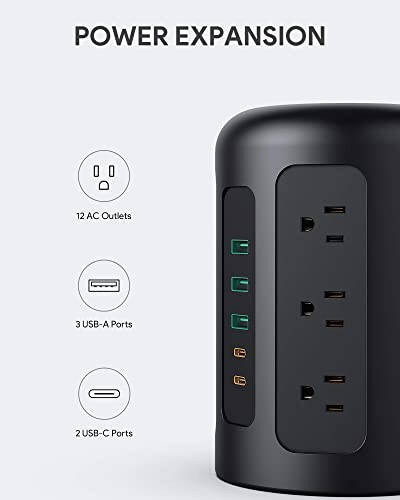 20W USB C Güç Şeridi Kulesi 12 AC Priz, 1500J Dalgalanma Koruyucu, iPhone 14/13 Serisi İçin Şarj İstasyonu, Yurt Odaları, Ev/Ofis Gereçleri İçin 5FT Uzatma Kablosu ile Çoklu Priz, Siyah - 2